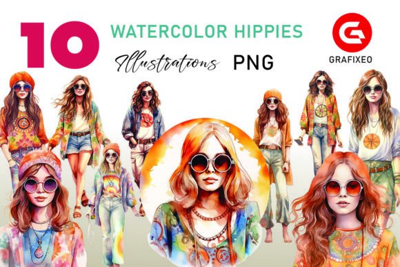 Download Hippie Girls 60s Watercolor Illustration - Watercolor illustration Collection